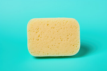 Photo of a plant-based, biodegradable cleaning sponge on a solid turquoise background, for eco-friendly cleaning