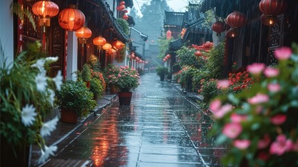 A beautiful street in the rain with flowers in the background. Generative AI.