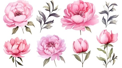 Flower set. Watercolor peonies for wedding invitation design, fabric, decor , generative ai