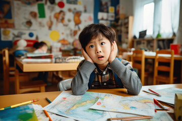 A 5-year-old boy, Japanese, in a classroom, upset because it's time to stop drawing and start a new activity
