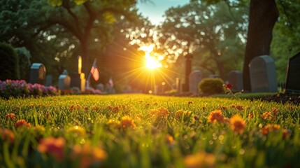 Sunrise Serenity: A Cemetery's Colorful Tribute to Memorial Day Generative AI