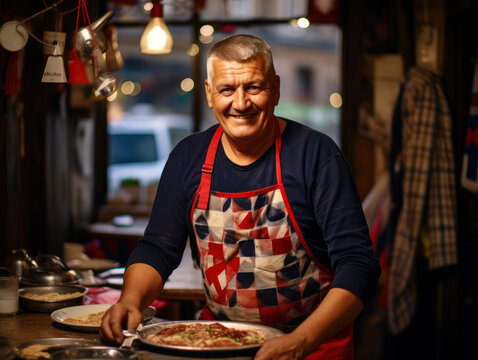 Photo of a Serbian man, 50 years old, cooking meat in a frying pan in his cafe on the street of Belgrade