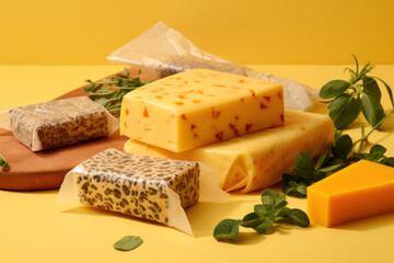 Photo of beeswax food wraps on a solid yellow background, illustrating an alternative to plastic cling film