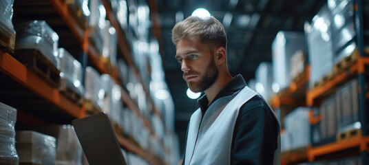 A employee with laptop coordinates delivery in industrial warehouse, merchandise in boxes placed on storage room racks. Generative AI.