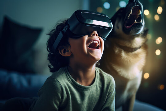 A boy, aged 9, of Middle Eastern descent, wearing wireless VR glasses and laughing with delight as he plays virtual sports in his living room, with his dog watching curiously beside him