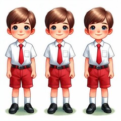 2d watercolor illustration of a child wearing an elementary school uniform, Indonesian elementary school uniform