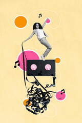 Vertical collage poster young funky girl have fun joyful party cassette music audio listener tape festive weekend event drawing background