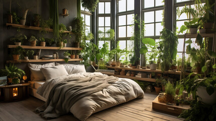 Discover the essence of relaxation in a green living bedroom retreat, surrounded by lush greenery.