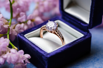 Photo of sapphire engagement ring in an open antique gift box, complemented by lilacs, on a vintage...