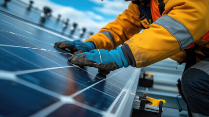 Close up hand of technician installing photovoltaic solar panel system on the roof, Clean Energy Generation. Generative AI.