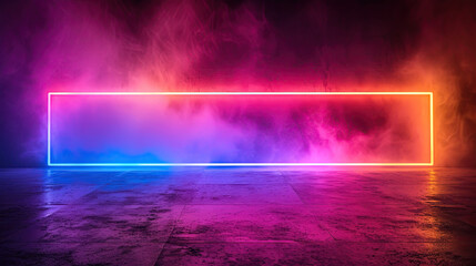 Long rectangular glowing red and pink neon sign on a black wall. With Glow  and pink smoke. reflection on the floor.  Area for text and images .