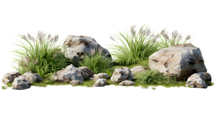 Isolate various rock and grass composition landscape on transparent backgrounds 3d render png