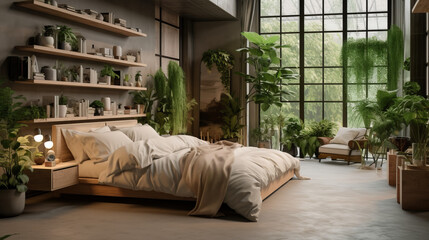 Immerse yourself in green living bliss with a bedroom adorned with verdant plants for a tranquil escape.