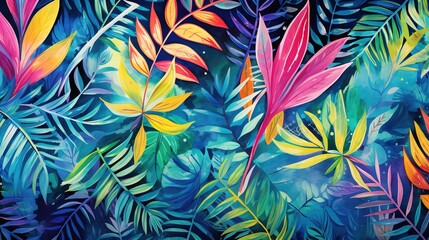 Seamless pattern, abstract art. Watercolor painting, children's wallpaper. Hand drawn plants. Palms, rainforest, leaves, flowers. modern Art. Prints, wallpapers, posters, cards, murals, generative ai,