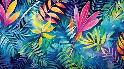 Foto auf Acrylglas Aquarellschädel Seamless pattern, abstract art. Watercolor painting, children's wallpaper. Hand drawn plants. Palms, rainforest, leaves, flowers. modern Art. Prints, wallpapers, posters, cards, murals, generative ai,