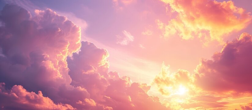 The sun creates a breathtaking afterglow as it shines through the clouds in the sky, painting the natural landscape with hues of purple, orange, and pink.
