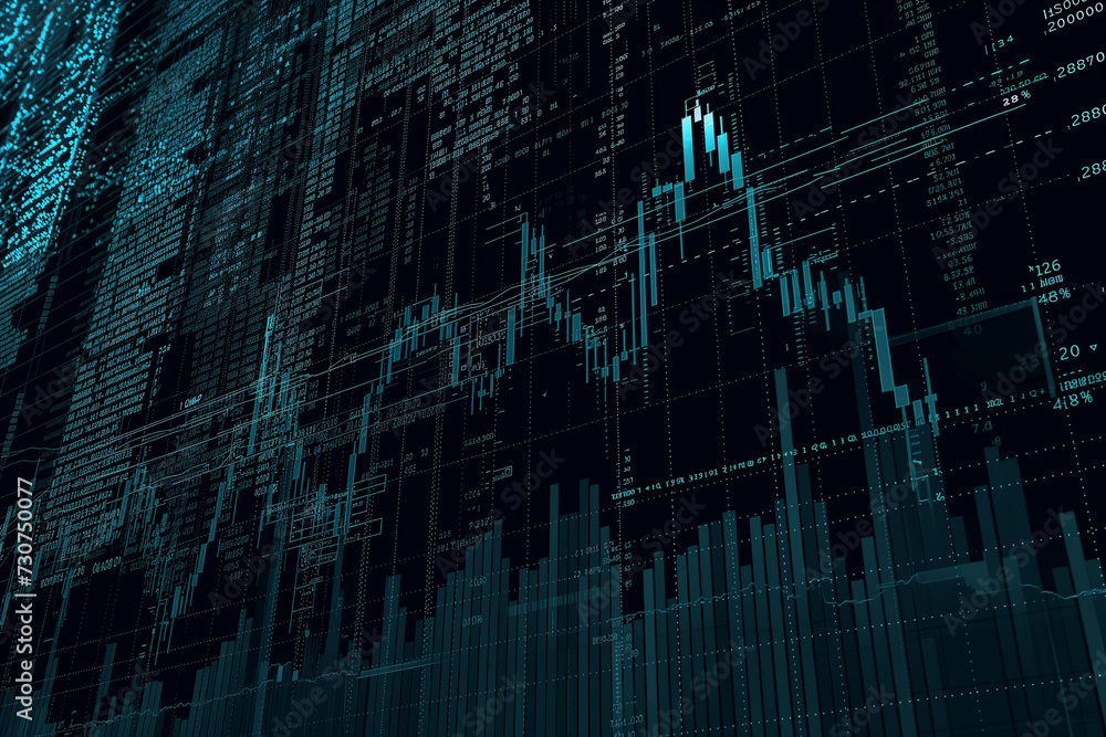 Poster intricate financial data and stock market analytics represented with candlestick charts and numerica