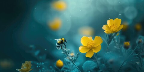 Fototapeta na wymiar beautiful yellow spring flower with blue blurred background and bee