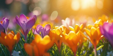 beautiful closeup of crocus flower in spring with blurred background and warm sunlight