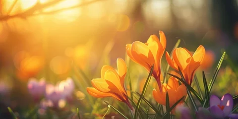 Wandcirkels aluminium beautiful closeup of crocus flower in spring with blurred background and warm sunlight © Gucks