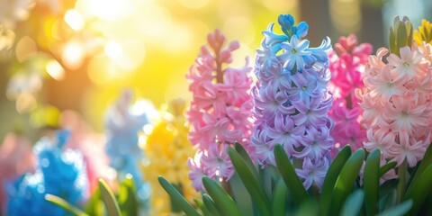 colorful hyacinths in sunny spring field