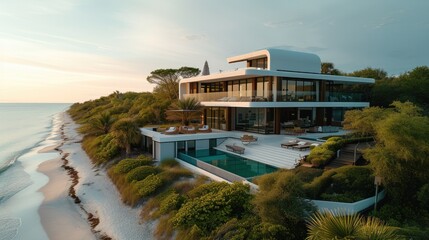 Modern beach front 3-story home with large glass windows. Aerial high view. Generative AI.