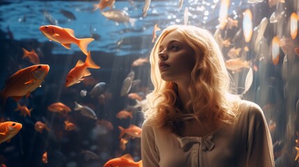 A beautiful woman is watching various tropical fish, marine life in a large aquarium. Fun holidays, weekends, travel, Sightseeing concepts. - obrazy, fototapety, plakaty