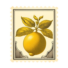 Vintage Postal Stamp, Lemon Citrus Fruit artwork style, Isolated transparent on white background, PNG