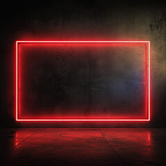 glowing red neon sign frame on black wall. With reflection on floor.