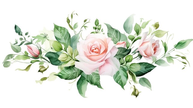Watercolor floral illustration with roses, green leaves and branches isolated on white background. Hand painted flowers for invitation, wedding or greeting cards