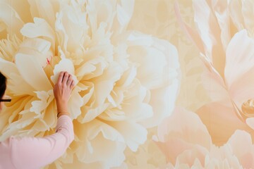 individual inspecting peony petal, pastel cream wallpaper