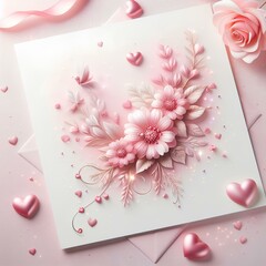 Valentine's Day Card Lying on Pink Table Surrounded by Hearts and Flowers