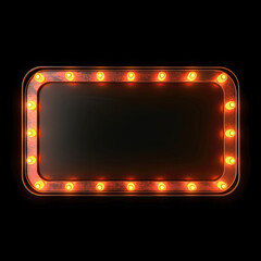 red neon blank billboard sign with orange light bulbs on a black background.  Area for text and images .