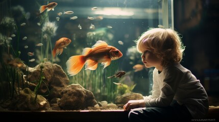 A surprised little child is watching various tropical fish, goldfish, marine life in a large aquarium. Fun holidays, family weekends, Sightseeing concepts. - obrazy, fototapety, plakaty