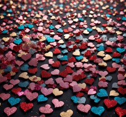 Colorful heart confetti on a black background. Valentine's Day concept.