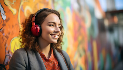 Teenage girl listening to music on large headphones.