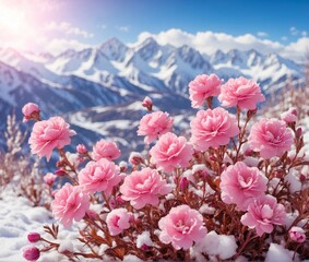 Pink rhododendron flowers on the background of snowy mountains
