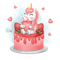 Valentine Unicorn sitting on a strawberry cake