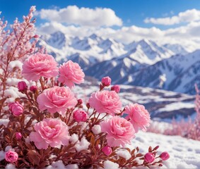 Pink rhododendron flowers on the background of snowy mountains