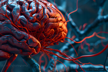 illustration of brain blood vessels, A highly detailed illustration showing the complex network of blood vessels in the human brain.