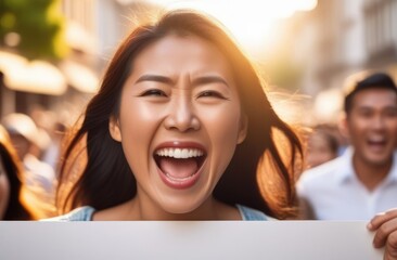 glad girl screaming with blank poster. asian activist protesting against rights violation