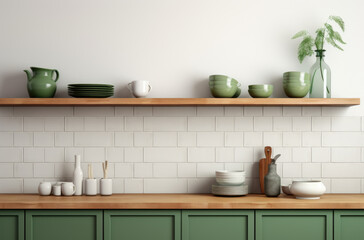 Stylish scandi cuisine interior decor. Ceramic plates, dishes, utensils and cozy decor on wooden shelfs. Kitchen wooden shelves with various ceramic jars and cookware. Open shelves in the kitchen