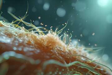 illustration of Microscopic view of dandruff on a hair strand, Detailed microscopic image showcasing a single hair strand with dandruff flakes attached to it.  - obrazy, fototapety, plakaty