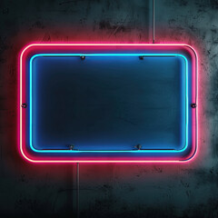 Neon  billboard  sign pink and blue on a dark  wall.   Banner with area for text and images .