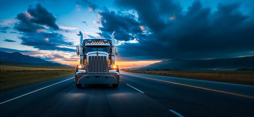 un camion américain, vu de face sur une route à la tombée de la nuit
