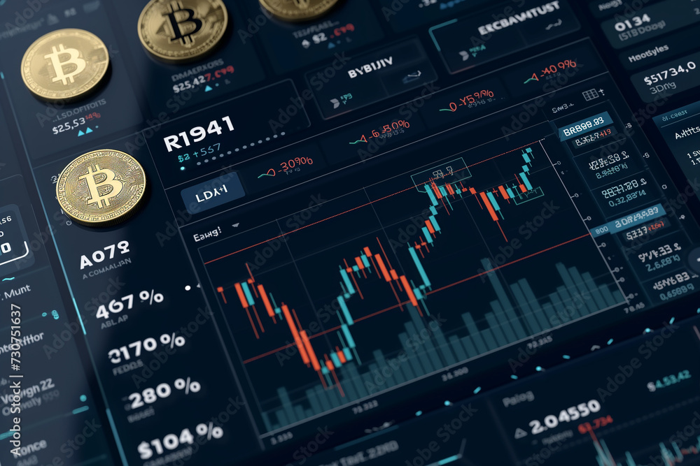 Poster physical bitcoin coins against a detailed backdrop of cryptocurrency trading charts and analytical d