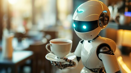 AI robot appreciates the taste of the amazing warm coffee - obrazy, fototapety, plakaty