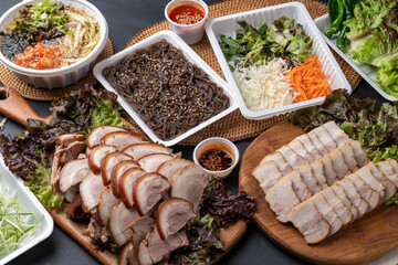 Jokbal, bossam, Korean food, braised pork, makguksu, hwangtae, slush, muksabal, side dishes, salted...