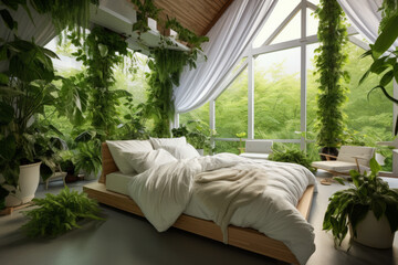 Indulge in eco-friendly luxury with a green living bedroom, featuring lush plants for a serene ambiance