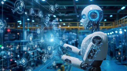 AI robot working in a digitally advanced factory, unmanned production